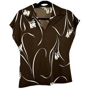 VTG 70s Mardi Modes New York Brown Floral Knit V-Neck Short Sleeve Top Medium